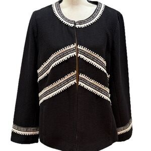 Chico's Embellished Black with White Crochet lace beaded Textured Jacket Lined